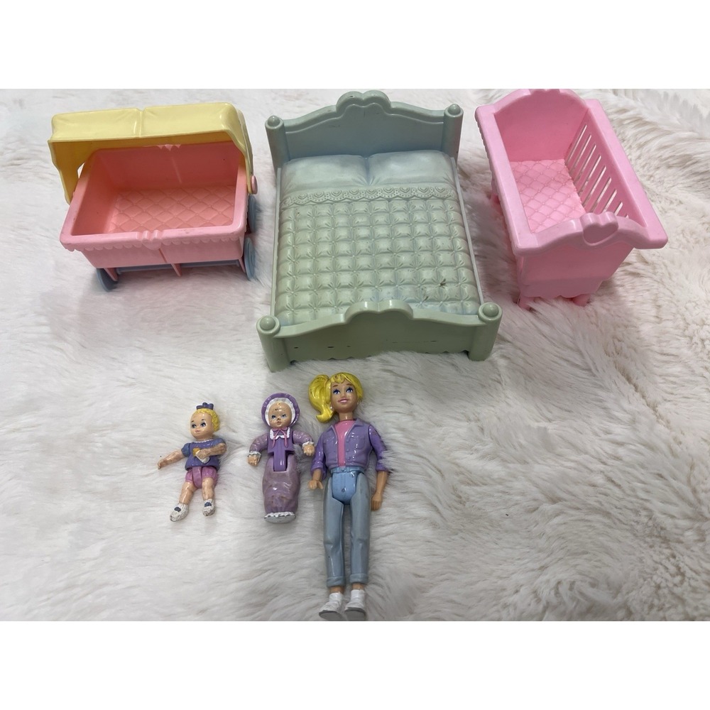 1990's Playskool Loving Family Dollhouse Lot Double Stroller Dolls Mom Baby Bed